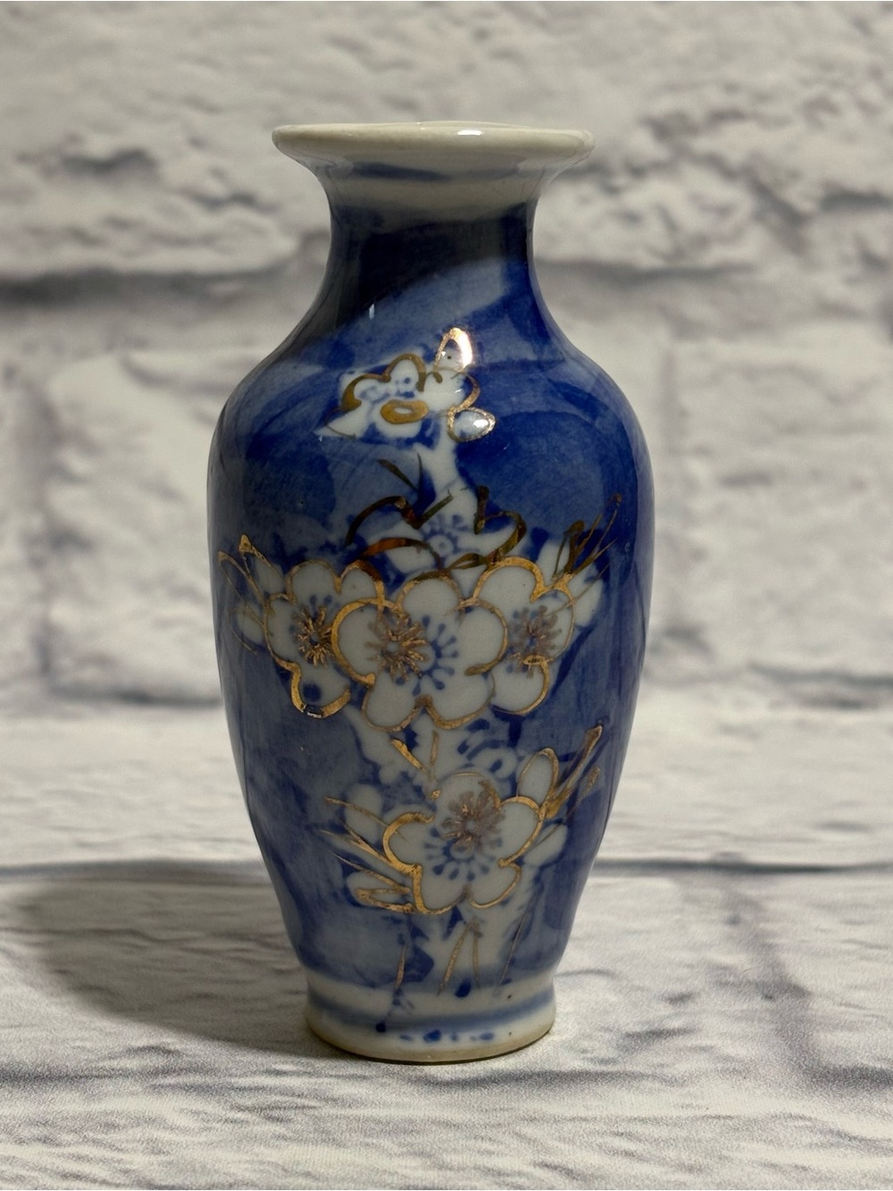 Vintage miniature porcelain blue painted Japanese cherry blossom bud vase